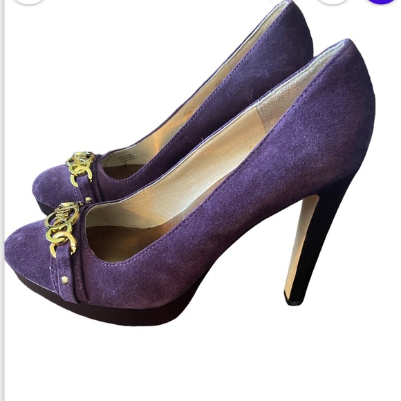 Michael Kors Shoes - Michael Kors Purple, Black Suede Badass platform Gold MK pumps in size 7.5.
